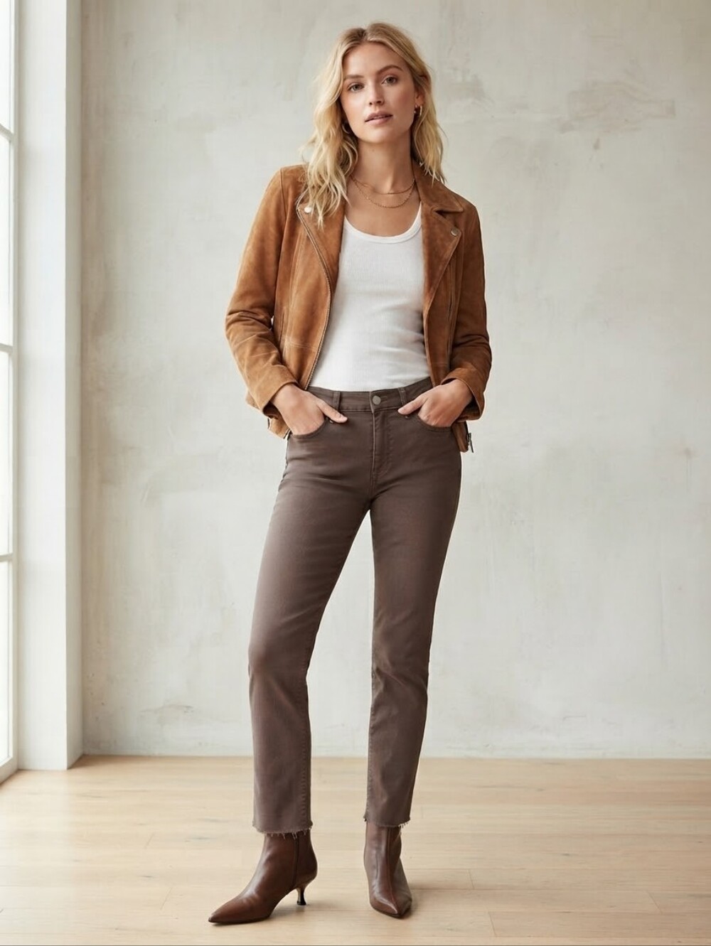 L'Agence Ankle Raw Hem Crop Mid Rise 30 Brown Pants Denim Jeans Stretch Pockets